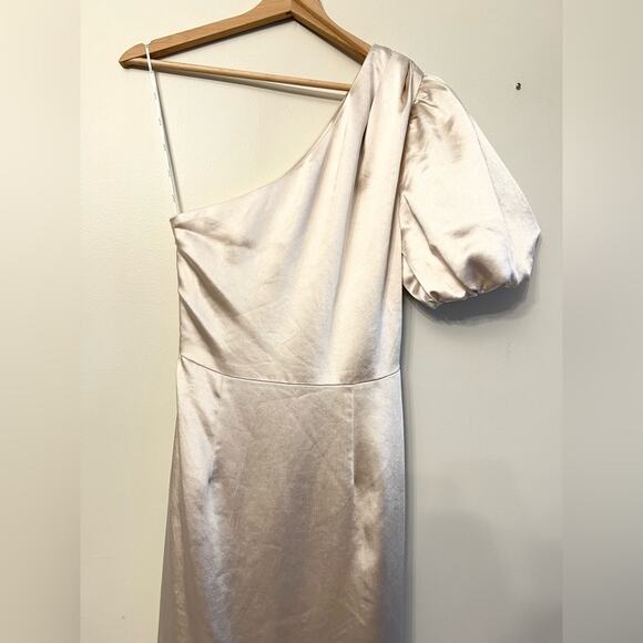 ELLIATT Cinda Satin Midi Dress in Pearl one shoulder puff sleeve bridal revolve - Picture 10 of 16